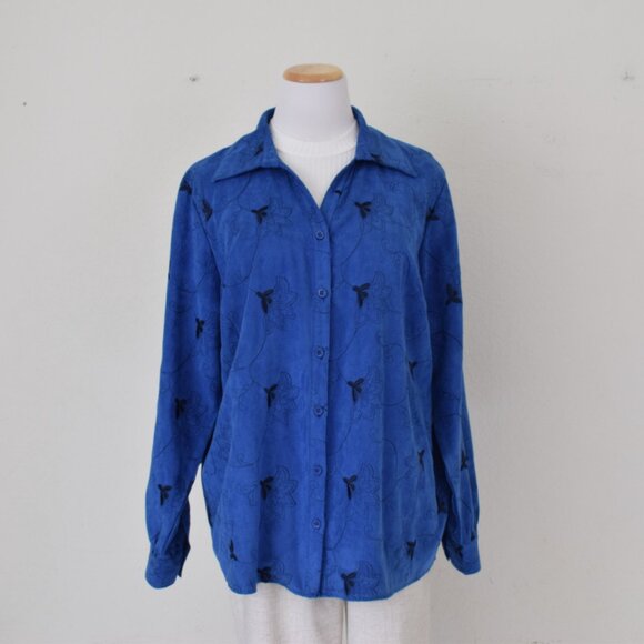 Plus‎ size Vintage 90s Blue Polyester Embroidered Shirt size 1X - Picture 5 of 10